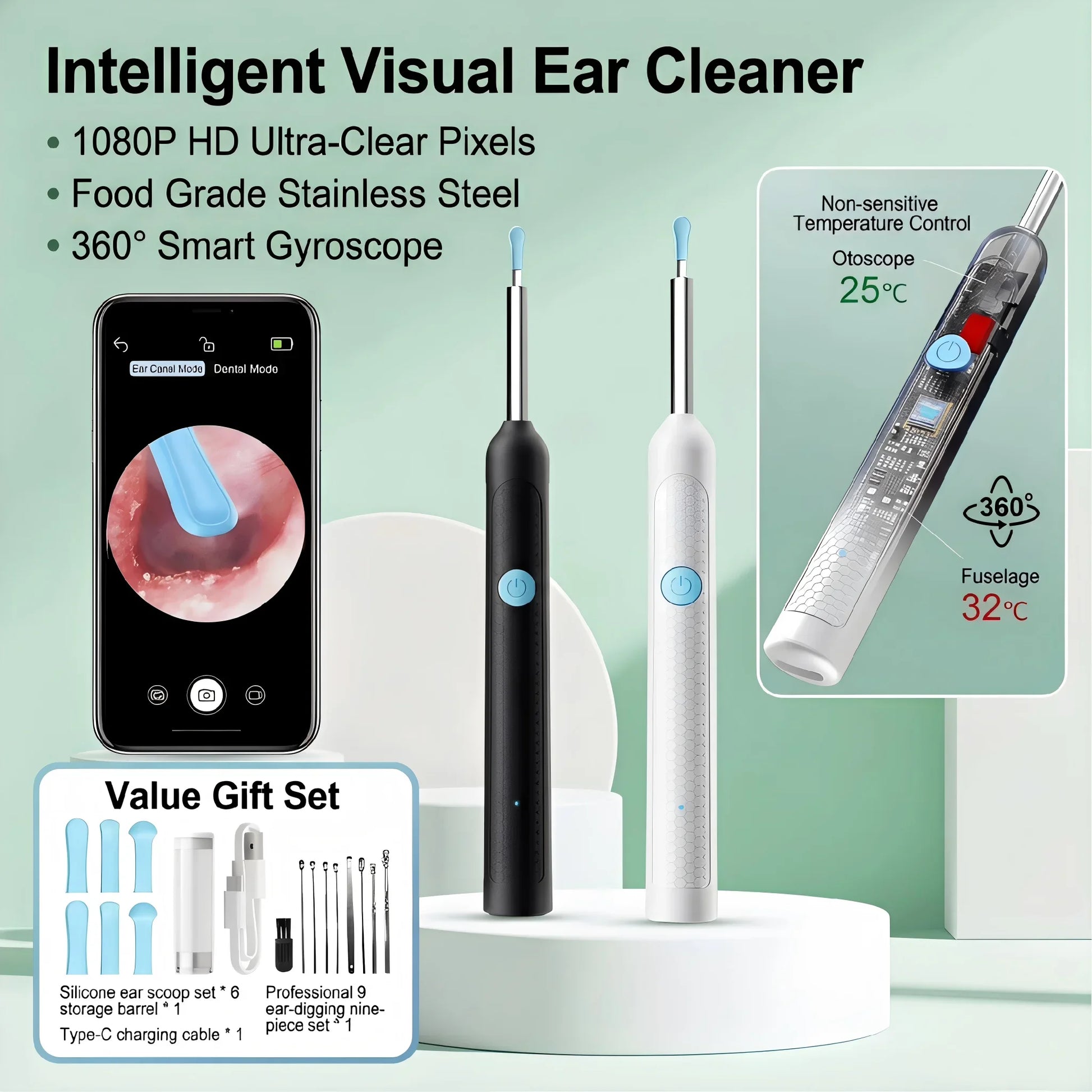 Smart Visual Ear Wax Remover with 1080P HD Camera, USB C Rechargeable Ear Cleaner, Waterproof Ear Scope Otoscope, Safe Ear Wax